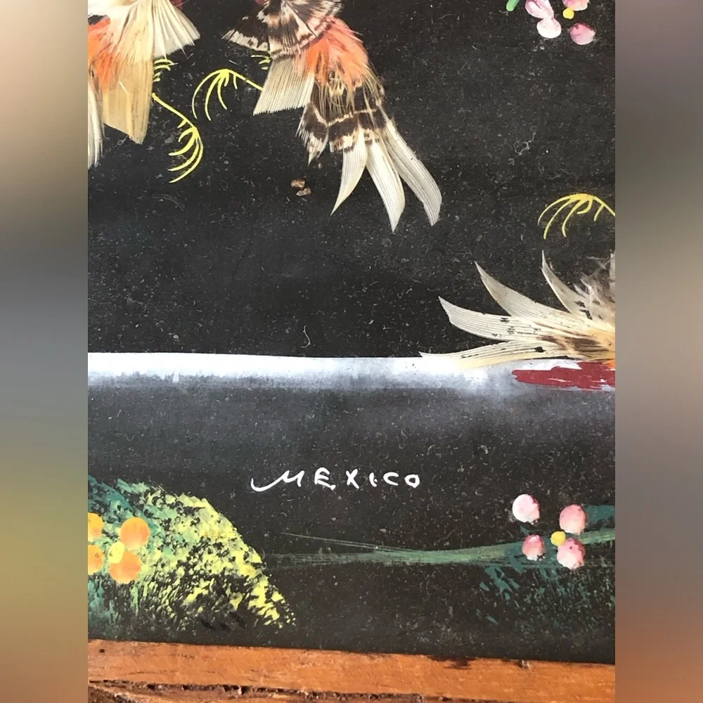Vtg 1930s Mexican Feather Art Roosters Chickens Folk Art Framed 16x8”